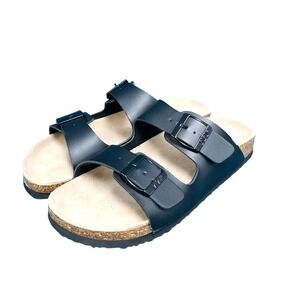 MM Black Faux Leather Cork Footbed Double Strap Buckle Sandals Slides
